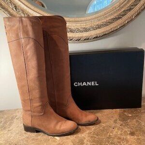 CHANEL Equestrian Riding Boots Light Brown Nubuck Calfskin Leather  – Sz 7
